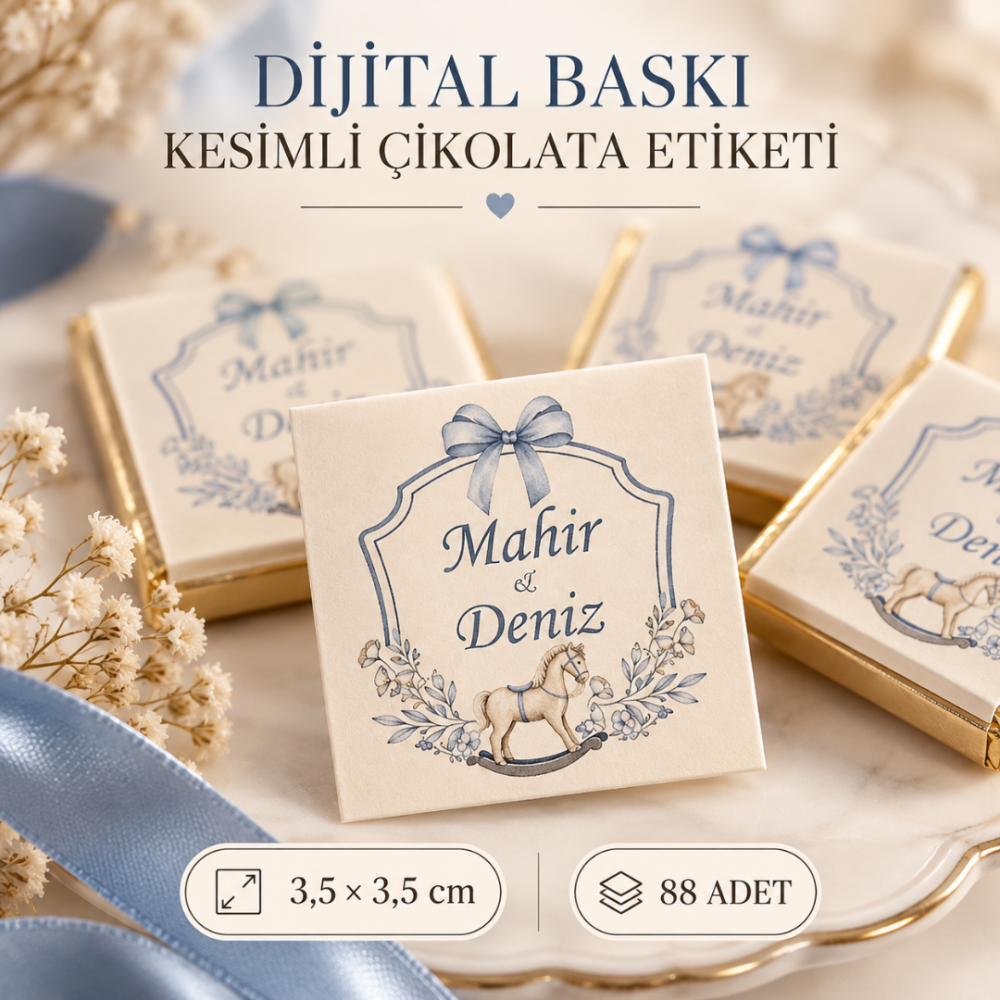 İsme Özel Çikolata Etiketi At Figürlü Beyaz 35 mm 88 Adet