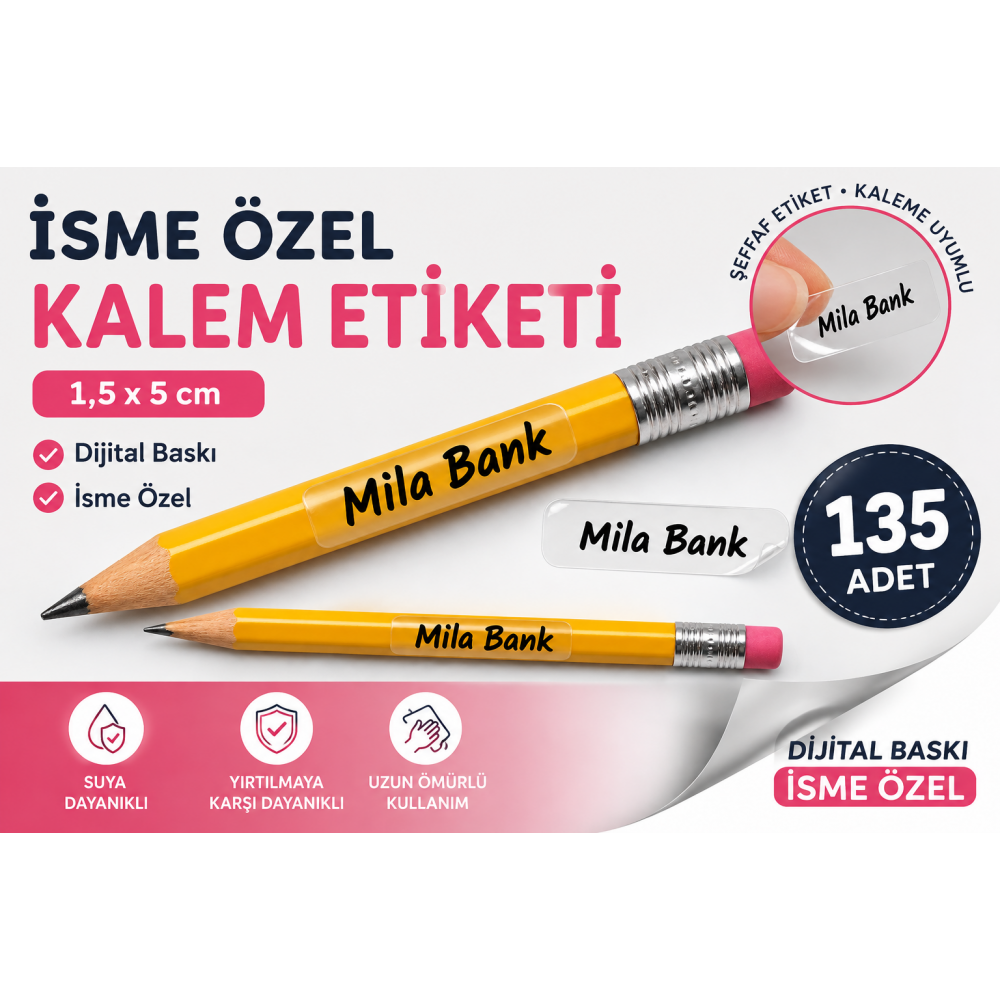 İsme Özel Şeffaf Kalem Etiketi I Okul Sticker 1,5x5 cm 135 Adet