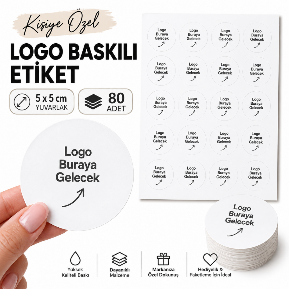 Kişiye Özel Logo Baskılı Etiket 5x5 cm – 80 Adet Yuvarlak Sticker Etiket