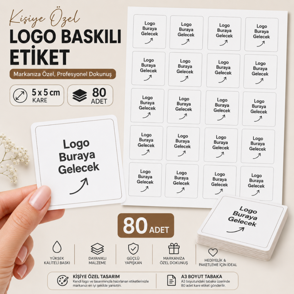 Kişiye Özel Logo Baskılı Kare Etiket 5x5 cm – 80 Adet | Özel Tasarım Sticker Etiket