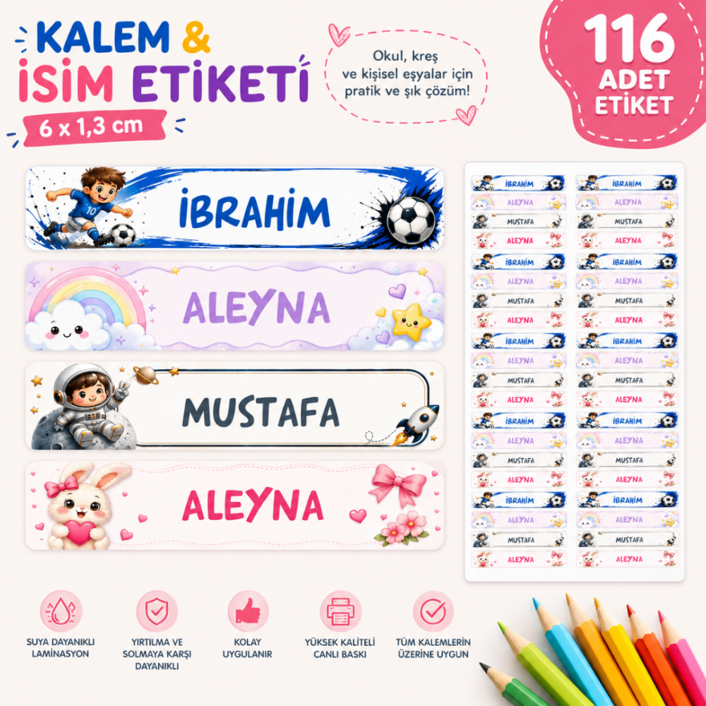 Kalem ve İsim Etiketi – 116 Adet | 6×1,3 cm Kişiye Özel Etiket