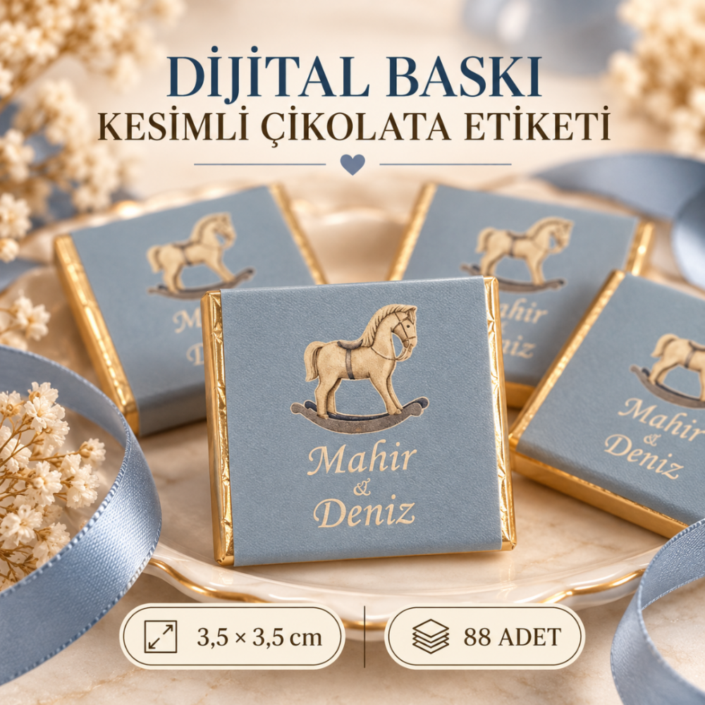 İsme Özel Çikolata Etiketi At Figürlü 35 mm 88 Adet