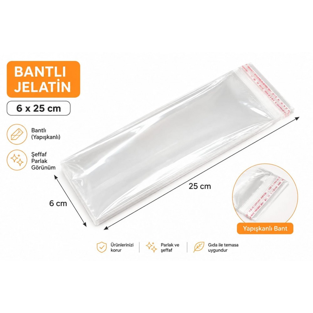 6x25 cm Bantlı Jelatin Poşet 50 Adet - Şeffaf Ambalaj