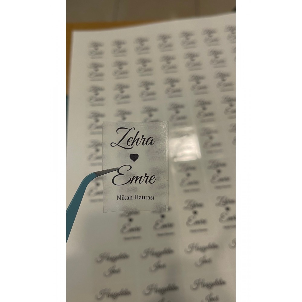 Şeffaf Nikah, Nişan Hatırası Kolonya Şişe Etiketi 4x5 Cm 52 Adet - Arletikettasarım