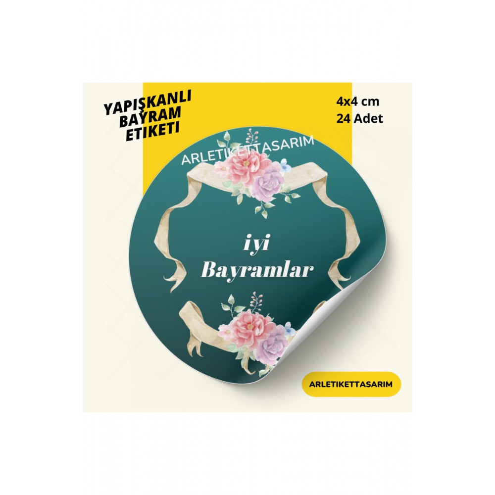 İyi Bayramlar Yazılı Yuvarlak Yapışkanlı Etiket 4x4 cm 24 Adet -Arl-bayram-etiketi24