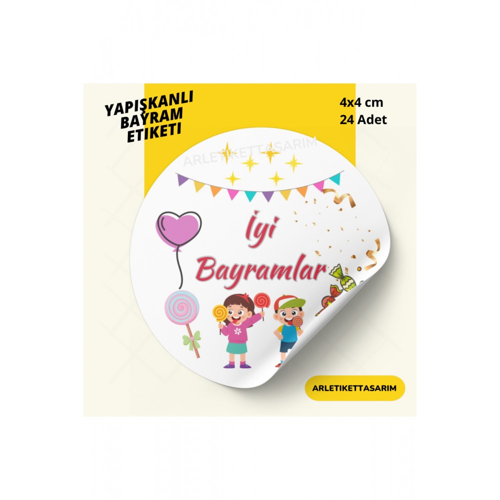 İyi Bayramlar Yazılı Yuvarlak Yapışkanlı Etiket 4x4 cm 24 Adet - Arletikettasarim