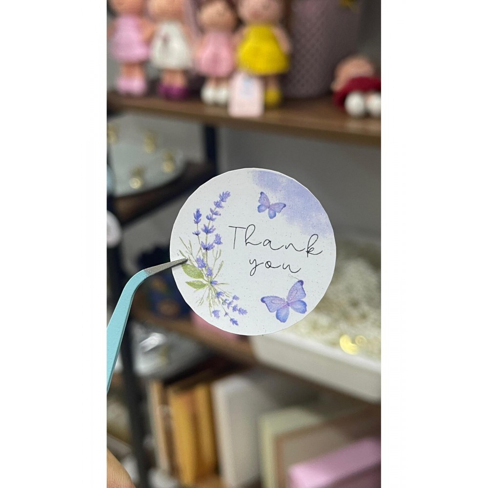 Thank You Yazılı Mor Çiçekli Hediye Paketi Süsleme Etiketi 4x4 Cm 24 Adet- Butiksosyetik