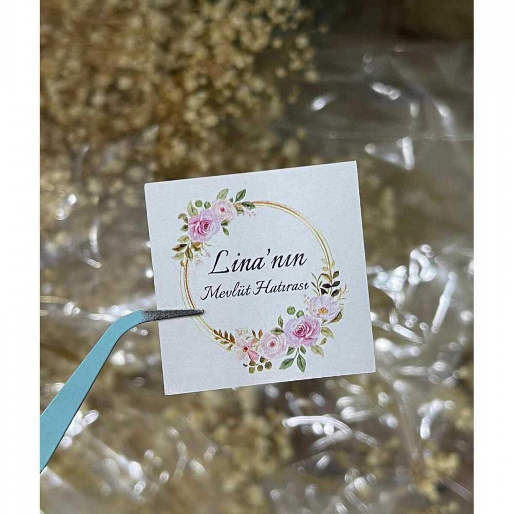 Mevlüt Hatırası Çikolata Etiketi Çiçekli Çerçeve 3,5x3,5 cm 88 Adet - ARLetikettasarım