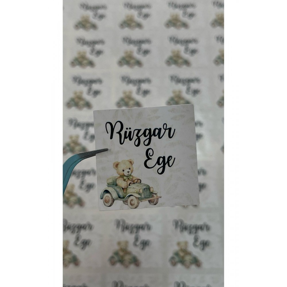 Yenidoğan Çikolata Etiketi Ayıcıklı Arabalı 3,5x3,5 cm 70 Adet Kişiye Özel - ARLetikettasarım