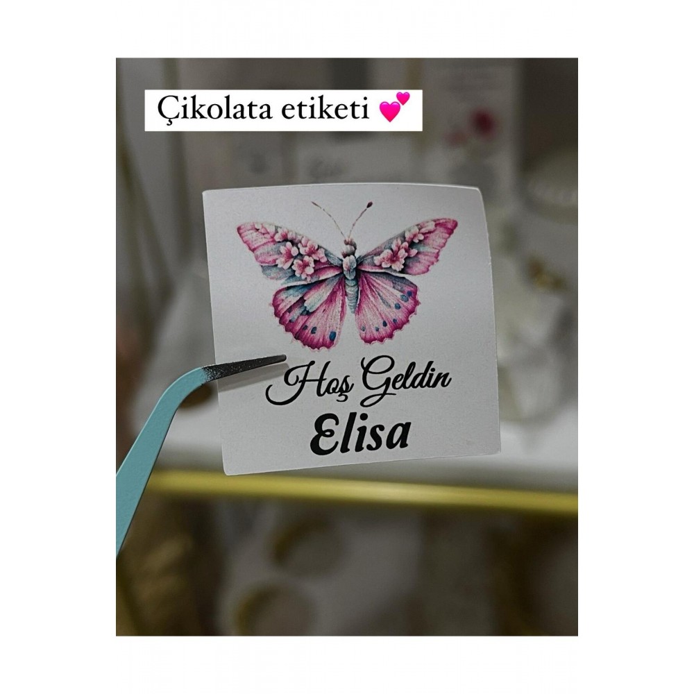 Yenidoğan Çikolata Etiketi Kelebekli 3,5x3,5 cm 70 Adet Kişiye Özel - ARLetikettasarım