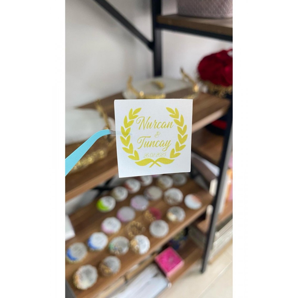 Söz, Kına, Nişan Gold Renk Çikolata Etiketi Yüzüklü 3,5x3,5 cm 70 Adet - ARLetikettasarım