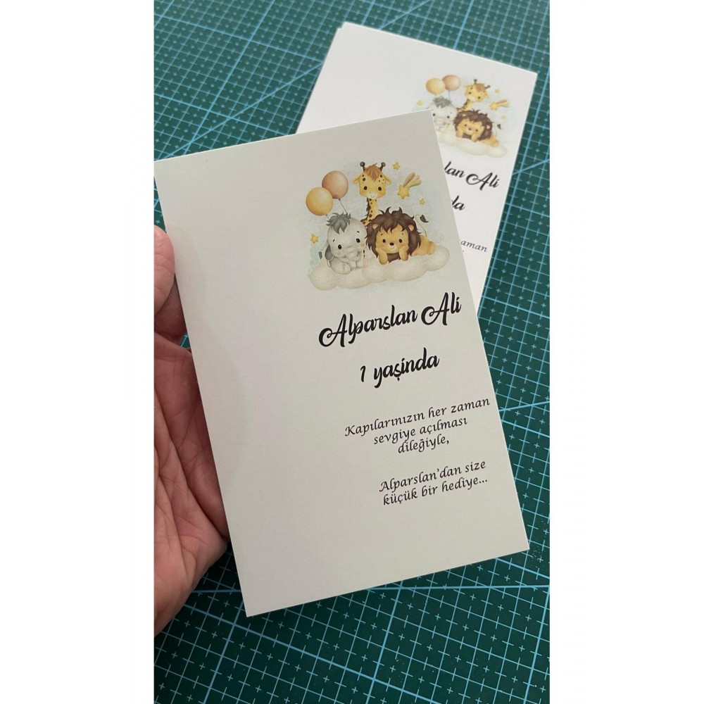 Safarili Doğum Günü Anahtarlık ve Hediyelik Kart 9,5x15 cm 50 Adet - Arletikettasarım