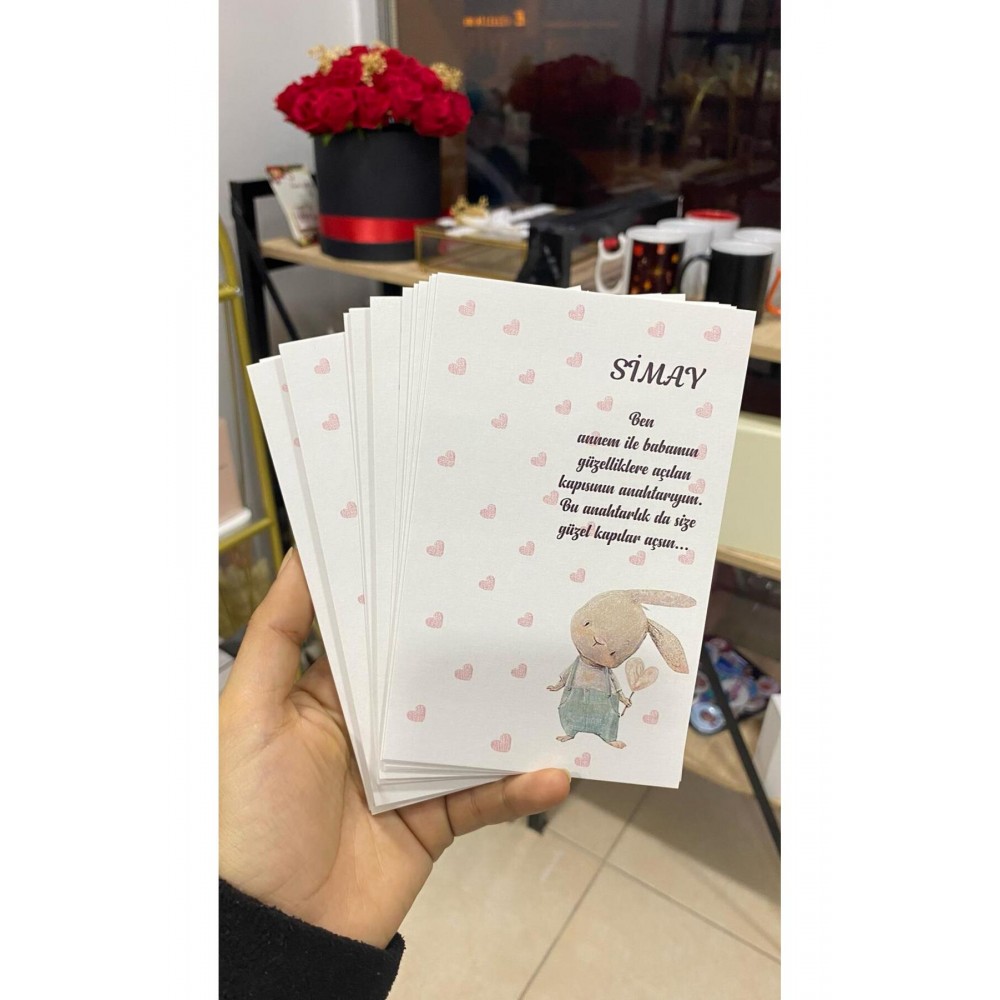 Tavşan Desenli Doğum Günü Anahtarlık ve Hediyelik Kart 9,5x15 cm 49 Adet - Arletikettasarım