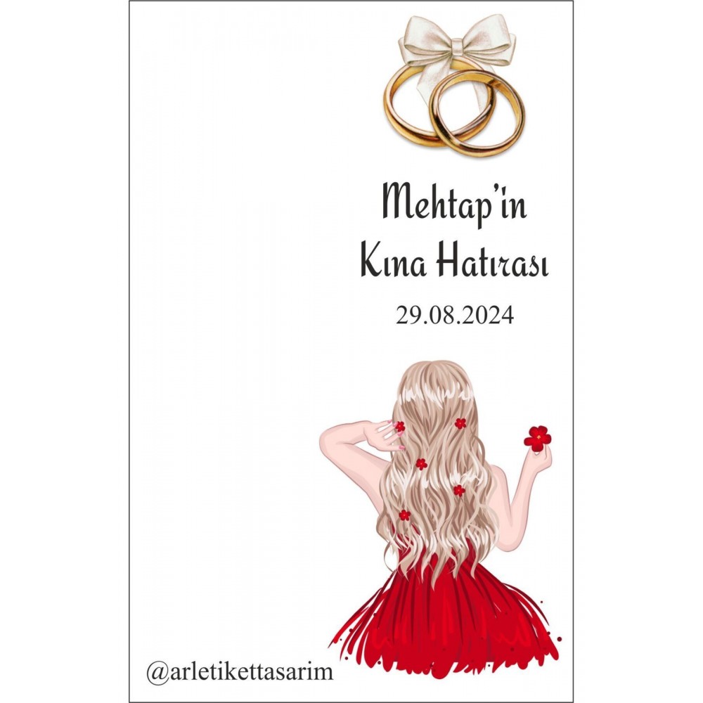 Kına Hatırası Kırmızı Gelin Resimli Anahtarlık Kartı 9,5x15 Cm 49 Adet