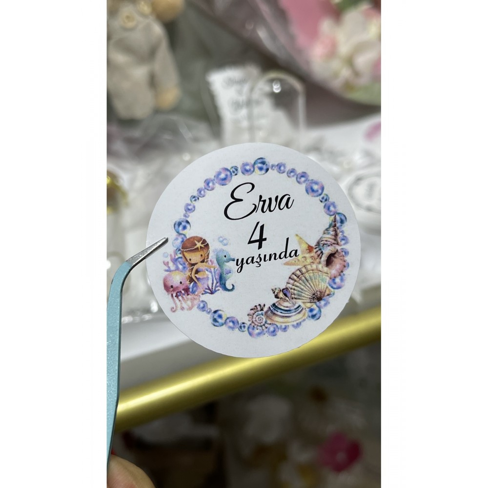 Deniz Kızı Temalı Doğum Günü Etiketi Yuvarlak 5x5 cm 80 Adet