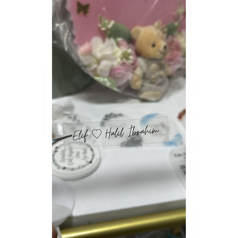 Söz,kına,nişan hediyelik şeffaf etiket 1,5x5 cm 135 Adet - ARL Etiket Tasarım