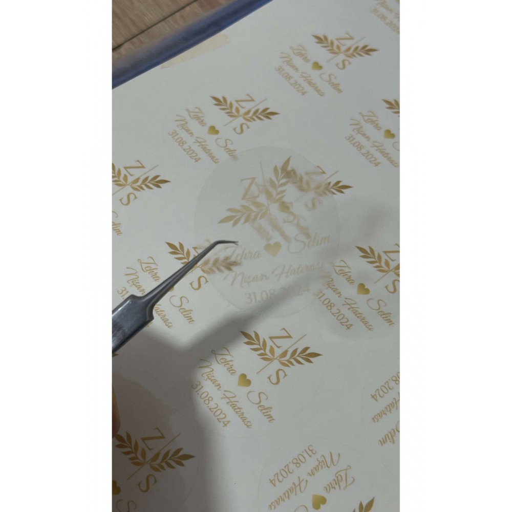 Şeffaf Gold Renk Etiket Söz, Nişan, Nikah, Düğün 4x5 cm 42 Adet - ARL