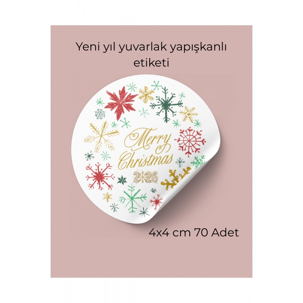 Yeni Yıl Merry Christmas Yuvarlak Yapışkanlı Etiket 4 cm 70 Adet