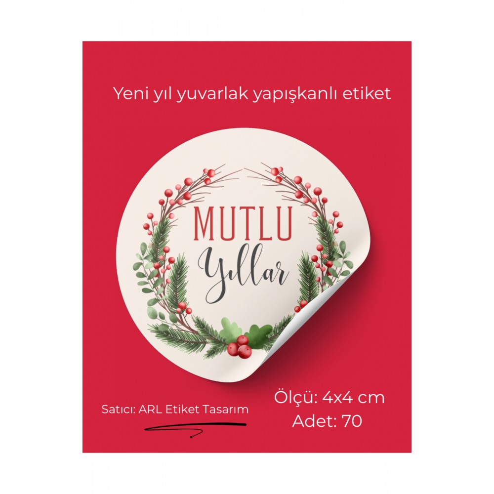 Yeni Yıl Etiketi Yapışkanlı yuvarlak 4x4 cm 70 Adet
