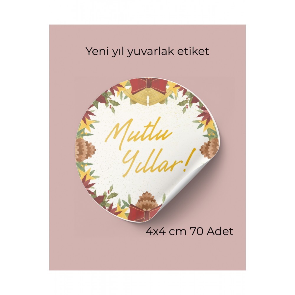 Mutlu Yıllar yazılı yuvarlak Yapışkanlı Etiket 4 cm 70 Adet