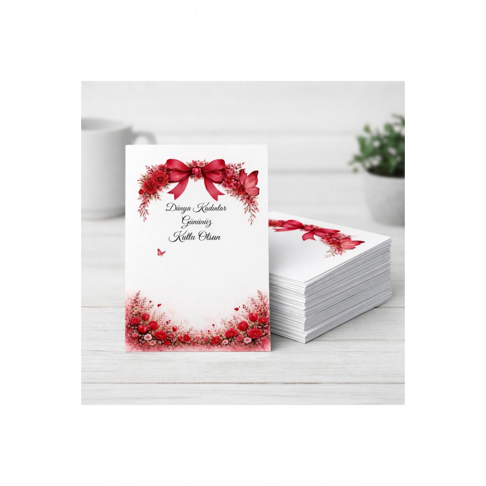 Kadınlar Günü Hediyelik yuvarlak Ayna Kartı Kırmızı 8x15 cm 50 Adet