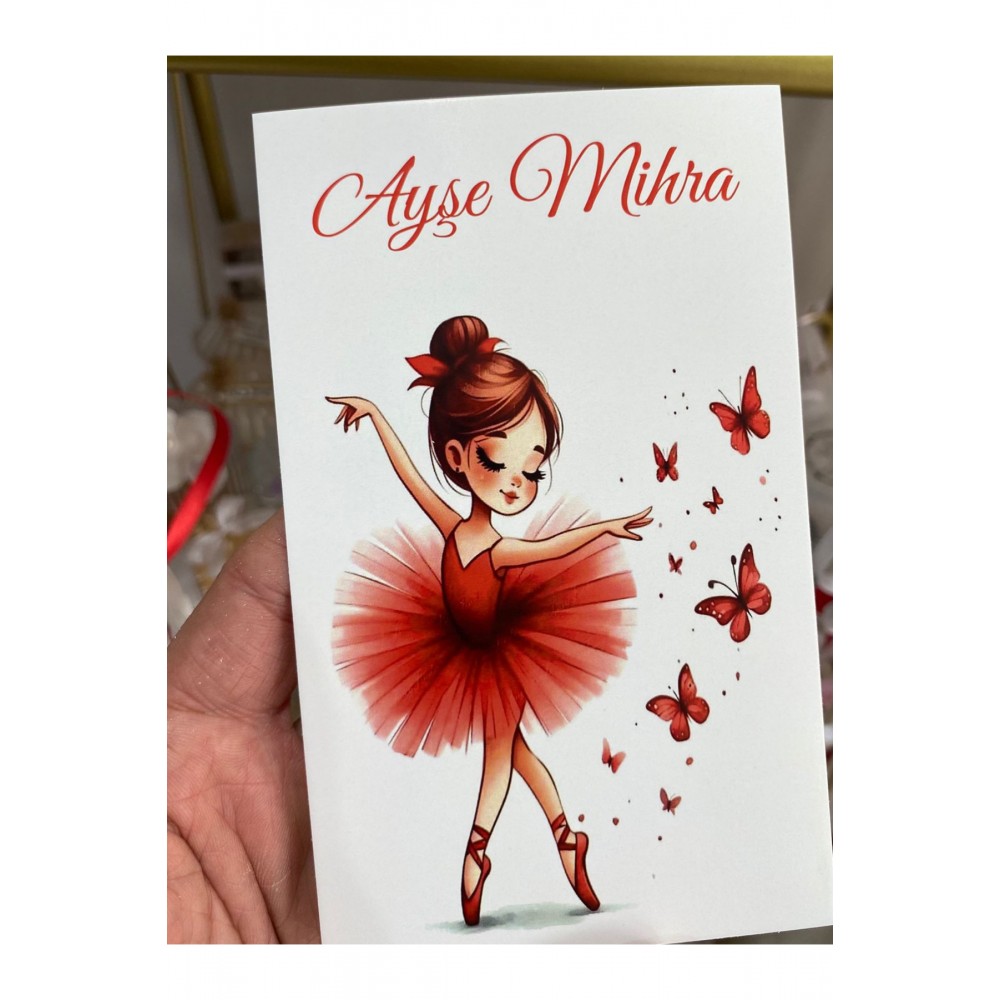 Toka Kartı Kırmızı Kıyafetli Balerin Kız 9x15 cm 50 Adet | Arletikettasarim