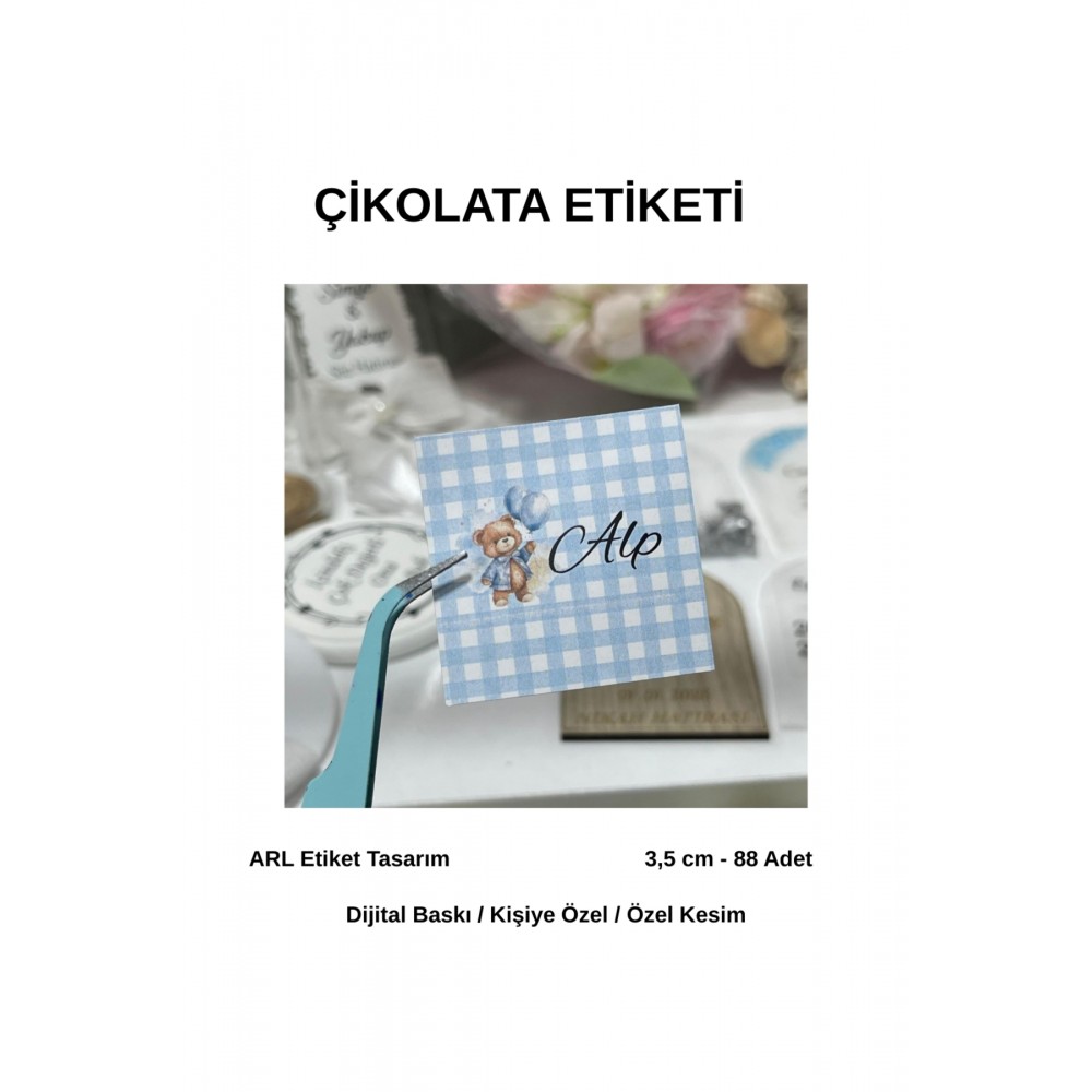 Yenidoğan Ayıcıklı Mavi Kot Desen Çikolata Etiketi 3,5x3,5 cm 88 Adet -Arl Etiket Tasarım