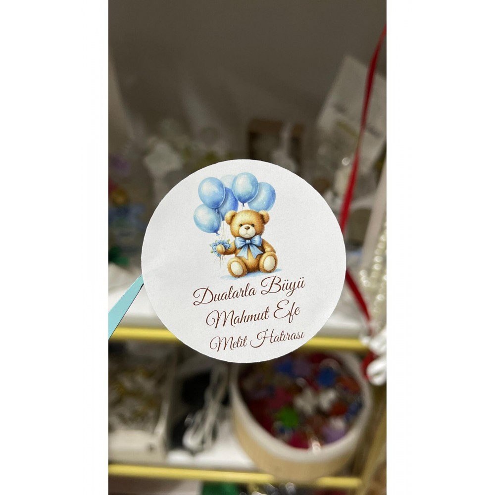 Mevlüt Hatırası Ayıcıklı Yuvarlak Yapışkanlı Etiket 3,5x3,5 cm 88 Adet -Arl Etiket Tasarım
