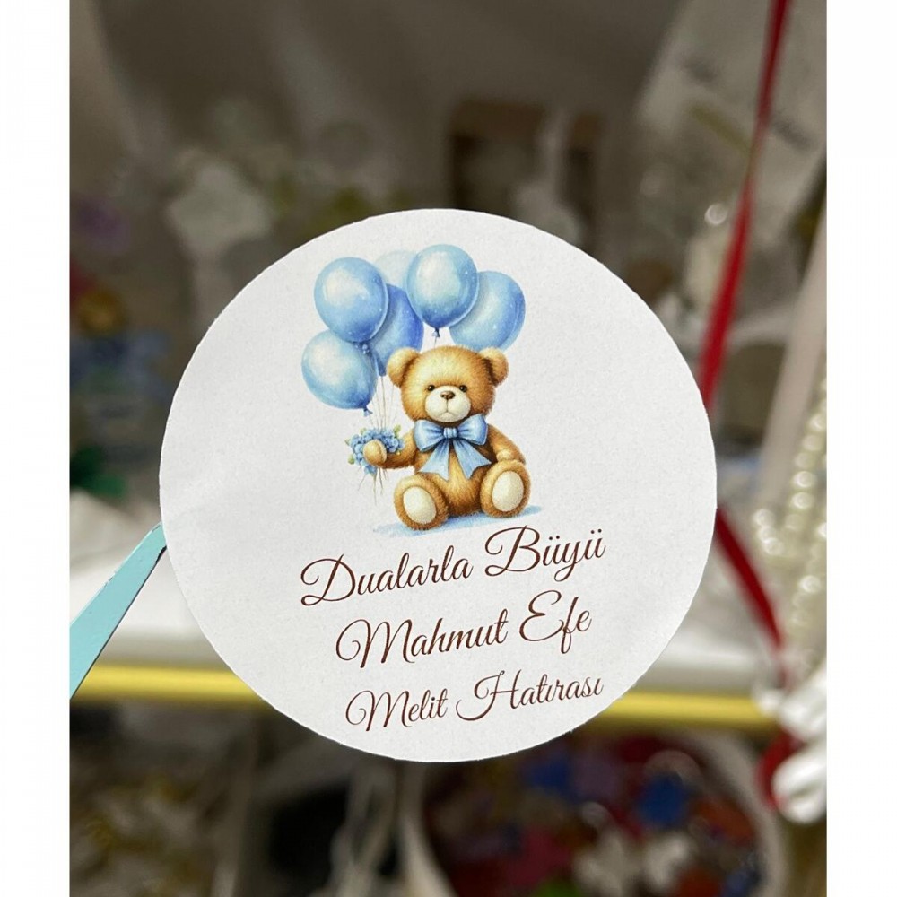 Mevlüt Hatırası Ayıcıklı Yuvarlak Yapışkanlı Etiket 3,5x3,5 cm 88 Adet -Arl Etiket Tasarım