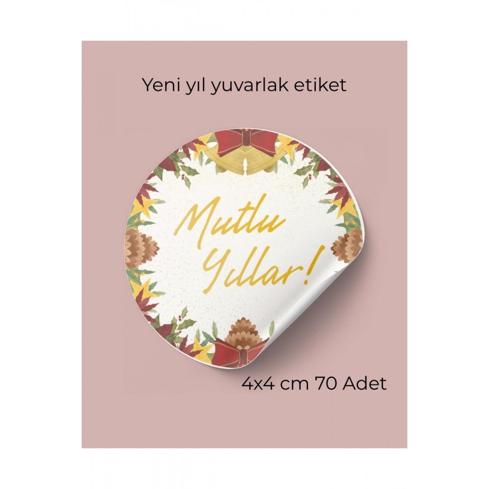 Mutlu Yıllar Yeni Yıl Yuvarlak Yapışkanlı Etiket 4x4 cm 70 Adet - Arl Etiket Tasarım