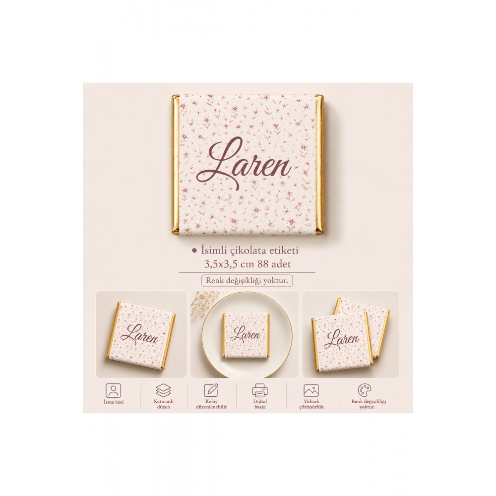 İsme Özel Pembe Çiçekli Çikolata Etiketi 3,5x3,5 cm 88 Adet - ARL Etiket Tasarım