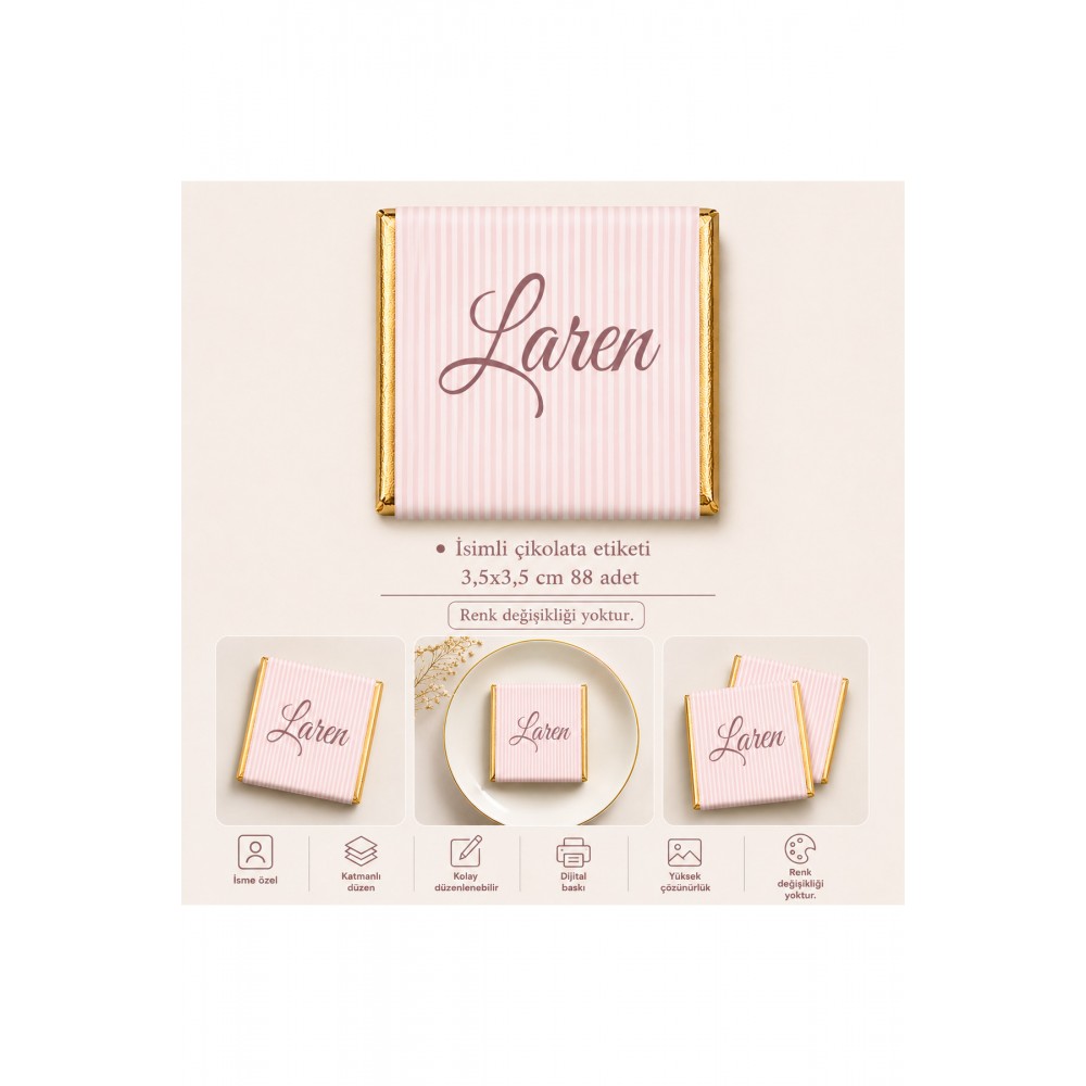 İsme Özel Pembe Renk Çikolata Etiketi 3,5x3,5 cm 88 Adet - ARL etiket tasarım