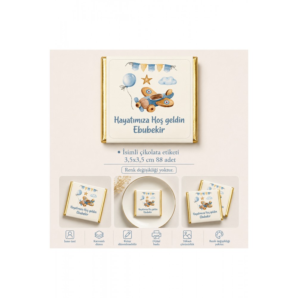 Yenidoğan Uçak Figürlü Çikolata Etiketi 3,5x3,5 cm 88 Adet